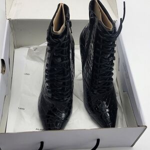 Aldo Glossy Black Croc-Embossed Booties